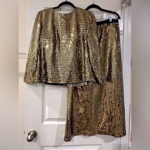 Gold Sequin Coordinate Suit w/ Long Sleeve Blouse and Skirt